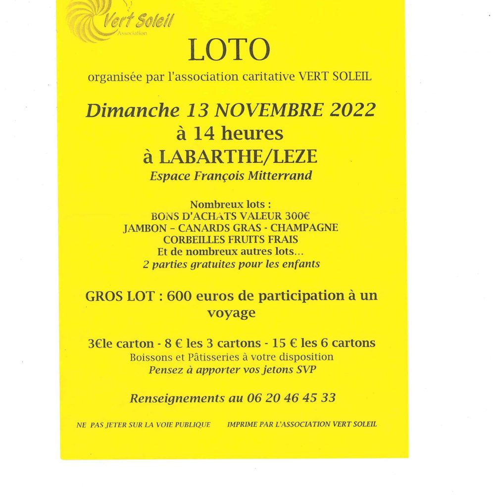 LOTO organisé par l&rsquo;Association caritative VERT SOLEIL : Dimanche 13 novembre à 14h, Espace François Mitterrand à LABARTHE SUR LEZE
