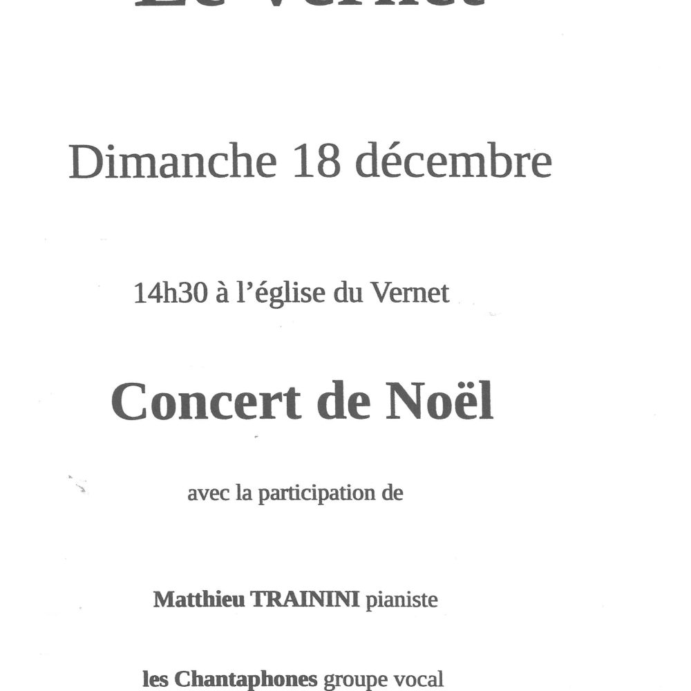 CONCERT DE NOËL : Dimanche 18 décembre à l&rsquo;Eglise du Vernet