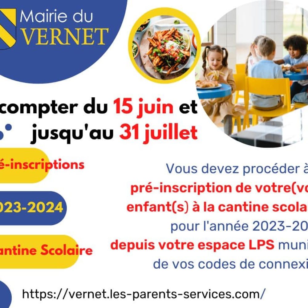 CAMPAGNE DE PRE INSCRIPTION A LA CANTINE POUR L&rsquo;ANNEE SCOLAIRE 2023/2024